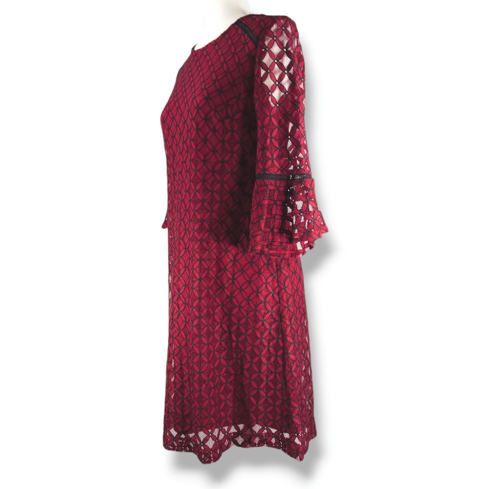 EUC Sandra Darren Lace Overlay Sheath Bell Flare Sleeve‎ Dress Sz. 6 Wine Black